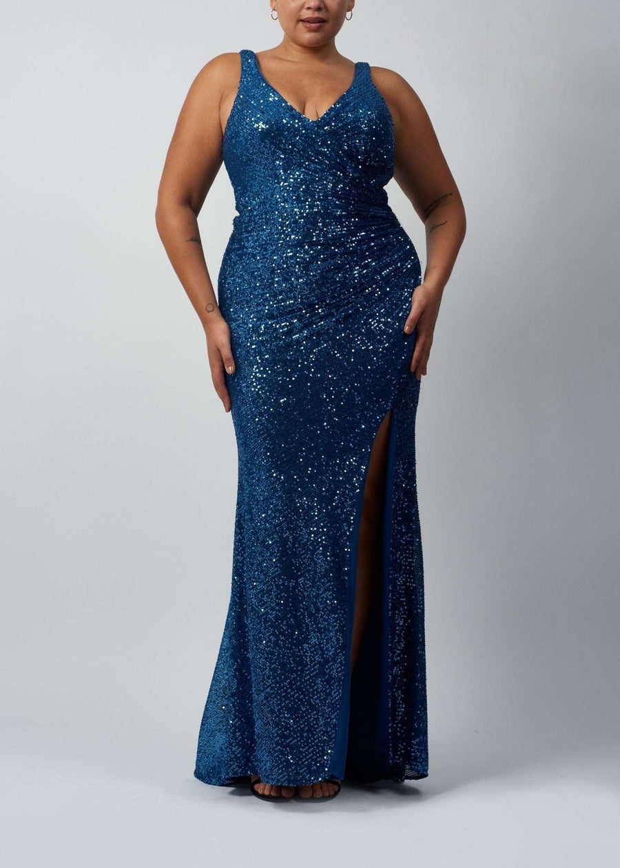 plus size lady wearing deep v wrap full sequin dress in steele blue