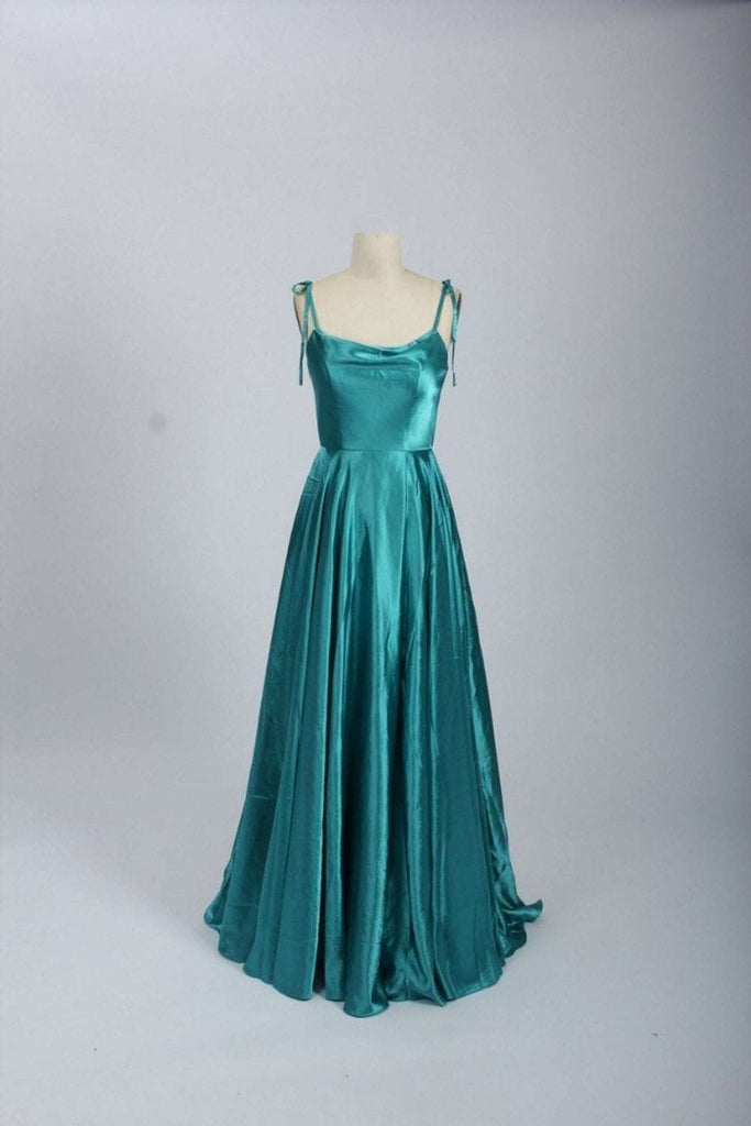 Front view of Abby Teal Satin Ballgown 32644, showcasing its elegant design with tie-up straps and a flowing skirt.