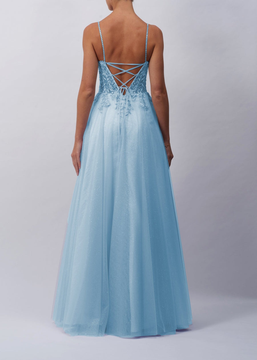 Back view of the Baby Blue Tulle Glitter Prom Dress by Mascara London, showcasing the lace-up back design and full skirt
