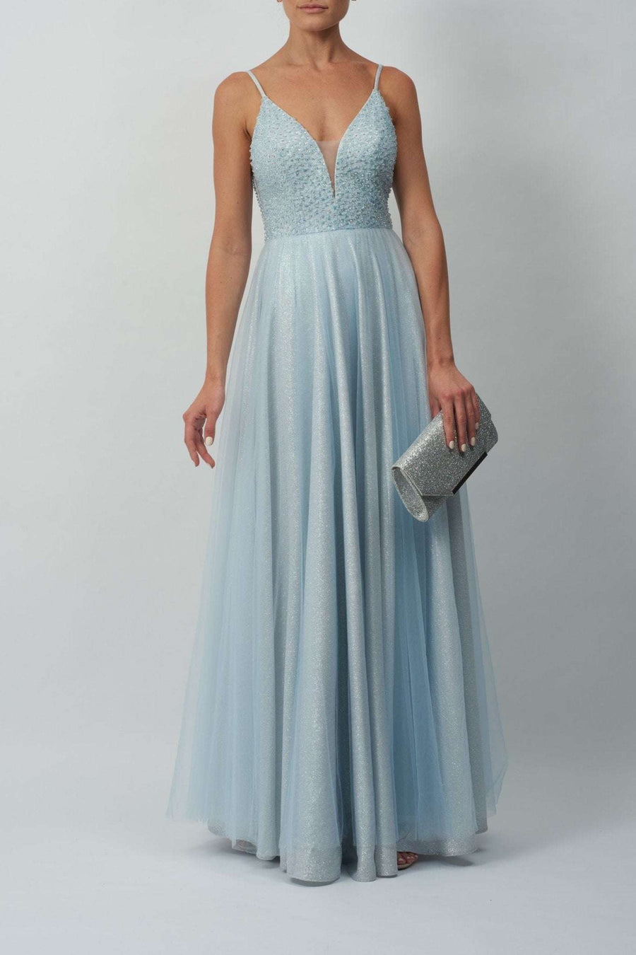 Model wearing Baby Blue Sparkle Tulle Prom Dress by Mascara London, front view