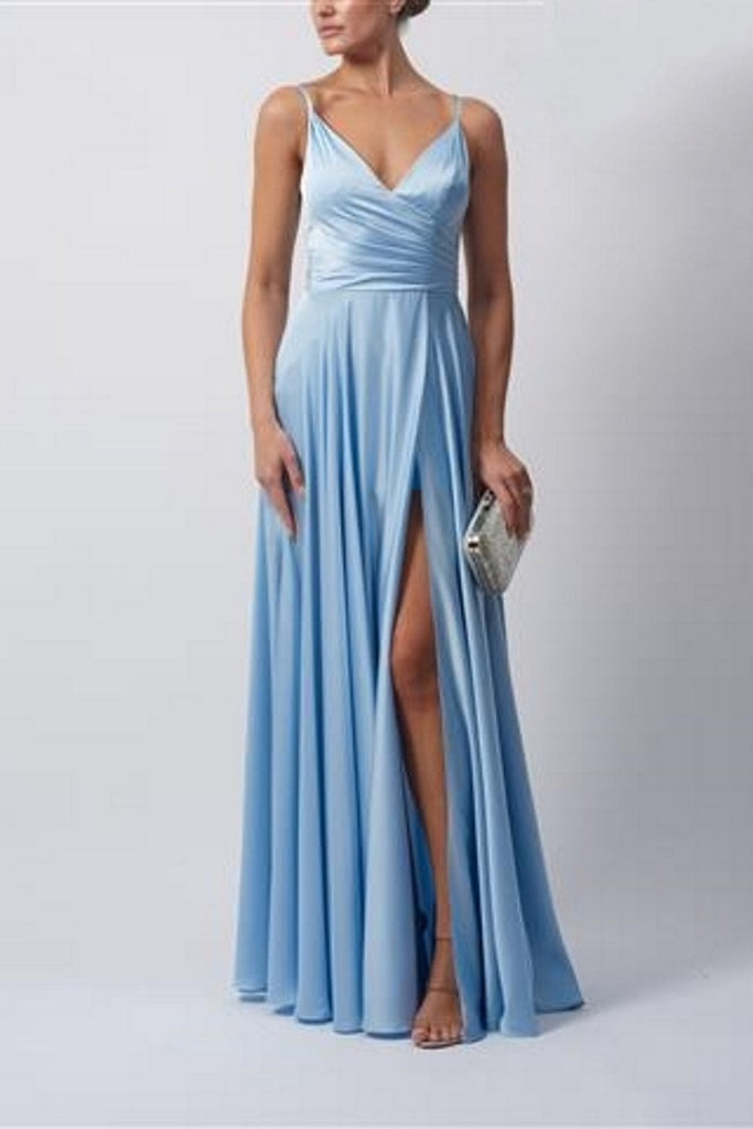 Model wearing Baby Blue Satin Pleat Prom Dress by Mascara London, front view with high leg split