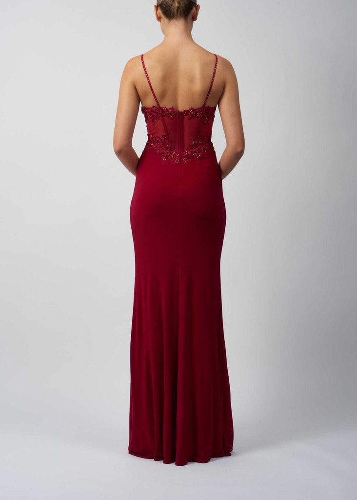 Back view of Forest Green Mascara MC193212 Jersey Corset Dress featuring lace-up corset bodice and floor-length jersey silhouette.