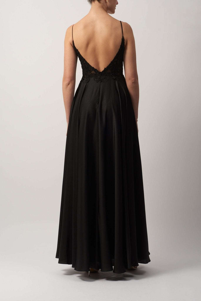 Young female standing in a Black Embroidered Satin Dress back image