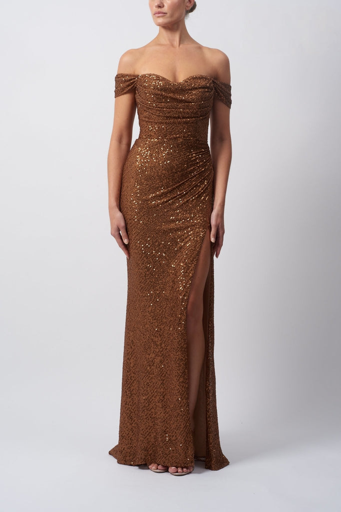 Young female standing in a Bronze Sequins Dress
