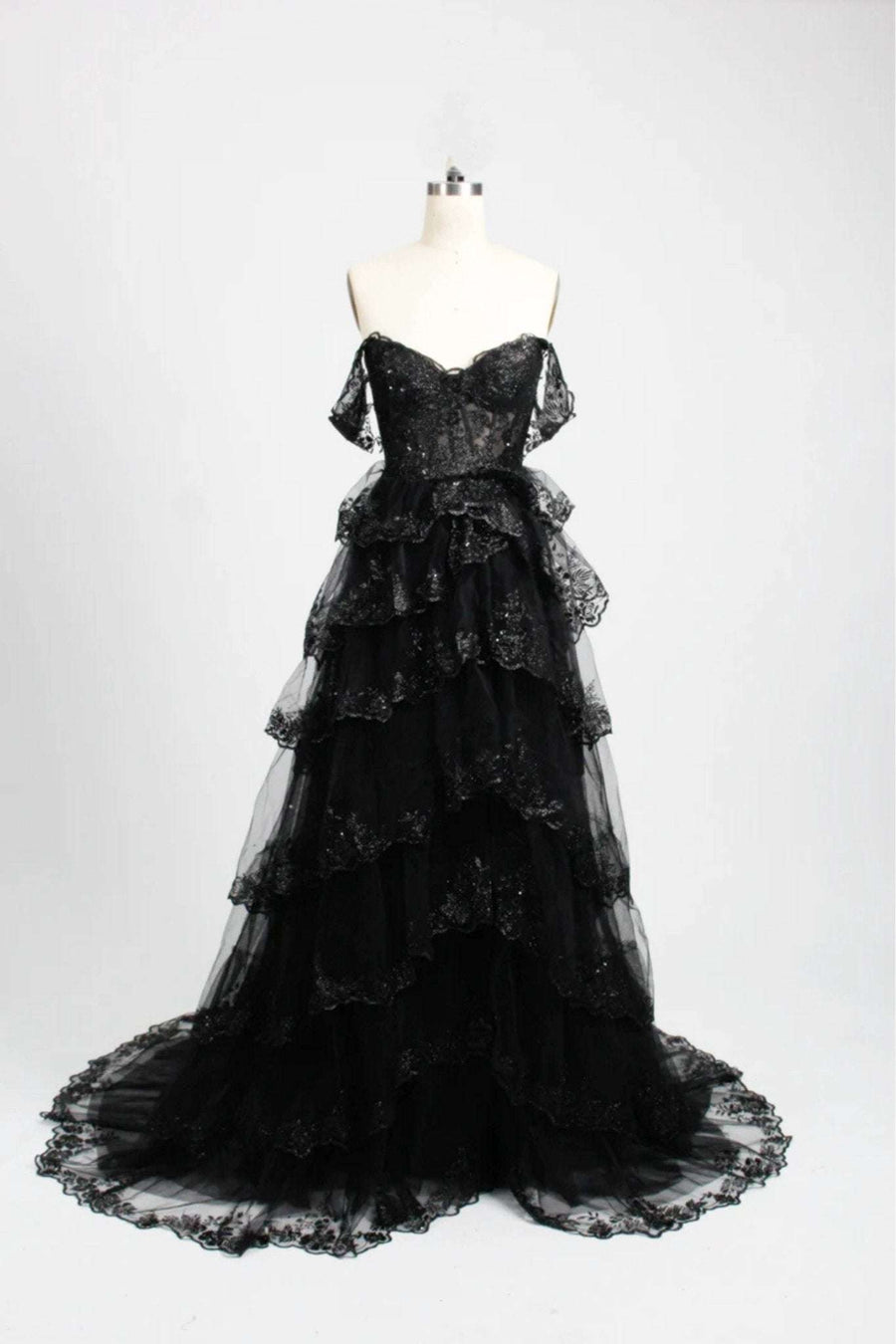 Chloe Black Glitter Off-the-Shoulder Prom Dress with lace appliques and layered tulle skirt, perfect for formal events and prom 2024.