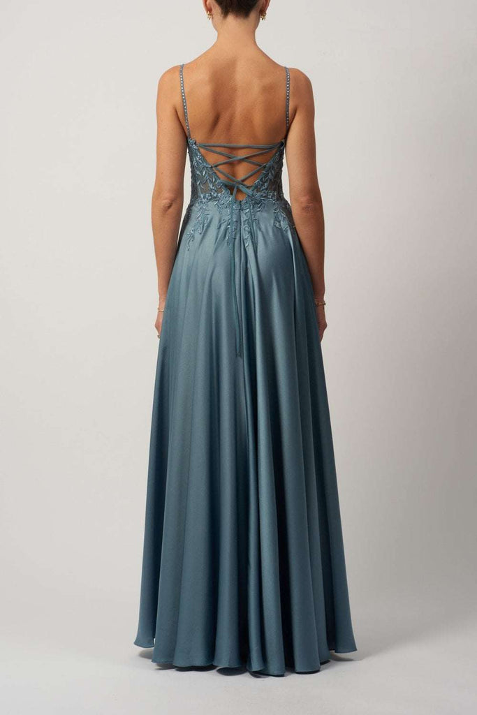 Back view of Dew Corset Dress in steel blue satin with lace-up cross back and gem straps, ideal for bridesmaids or formal evening events.