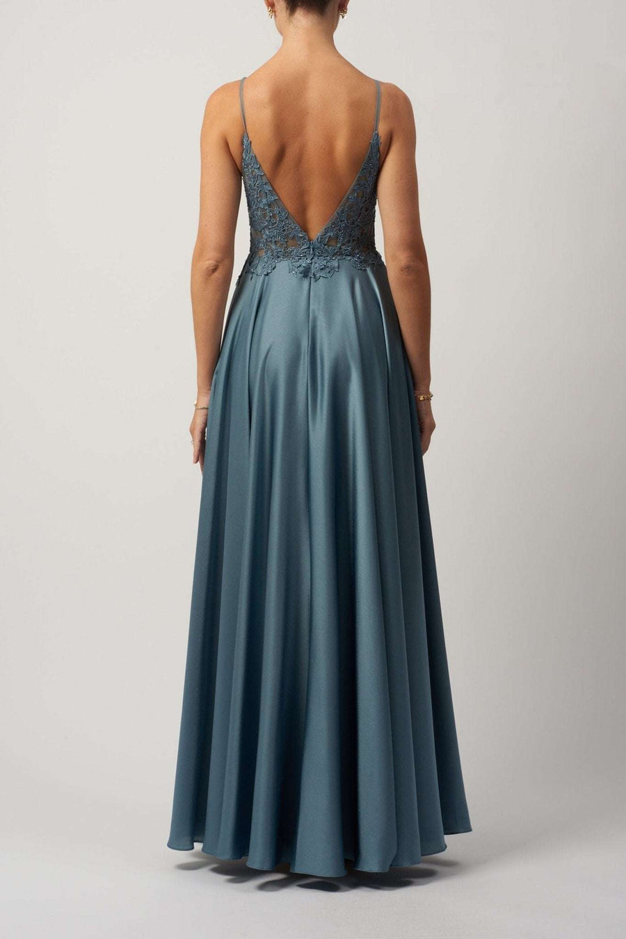 Young female standing in a Dew embroidered Satin Dress back image