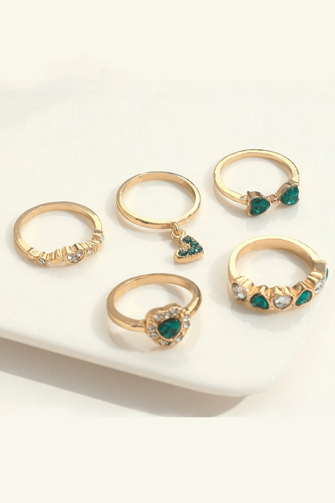 Emerald and Gold Bows and Lovehearts Ring Set (Set of 5) - Cargo Clothing