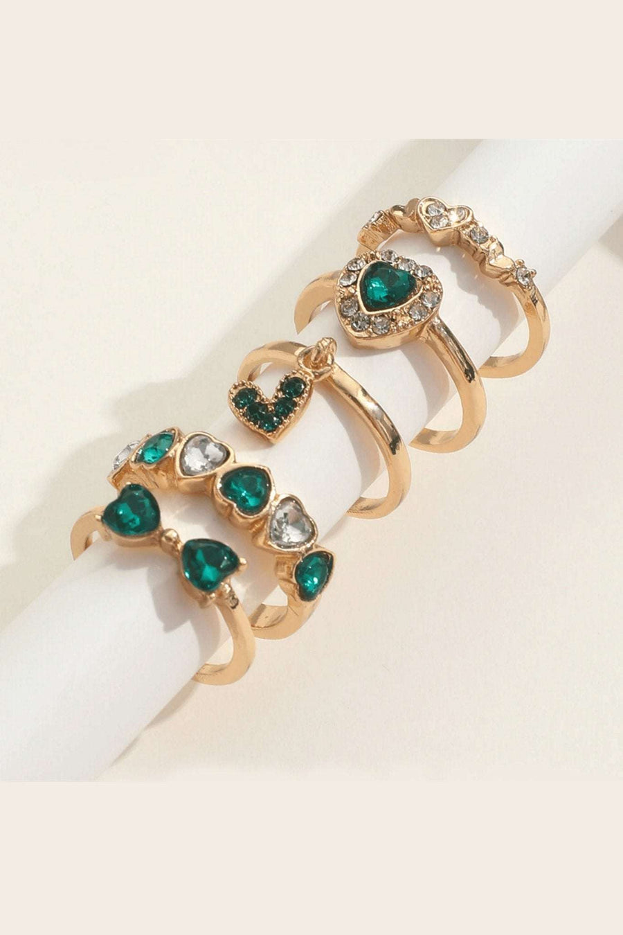 Emerald and Gold Bows and Lovehearts Ring Set (Set of 5) - Cargo Clothing