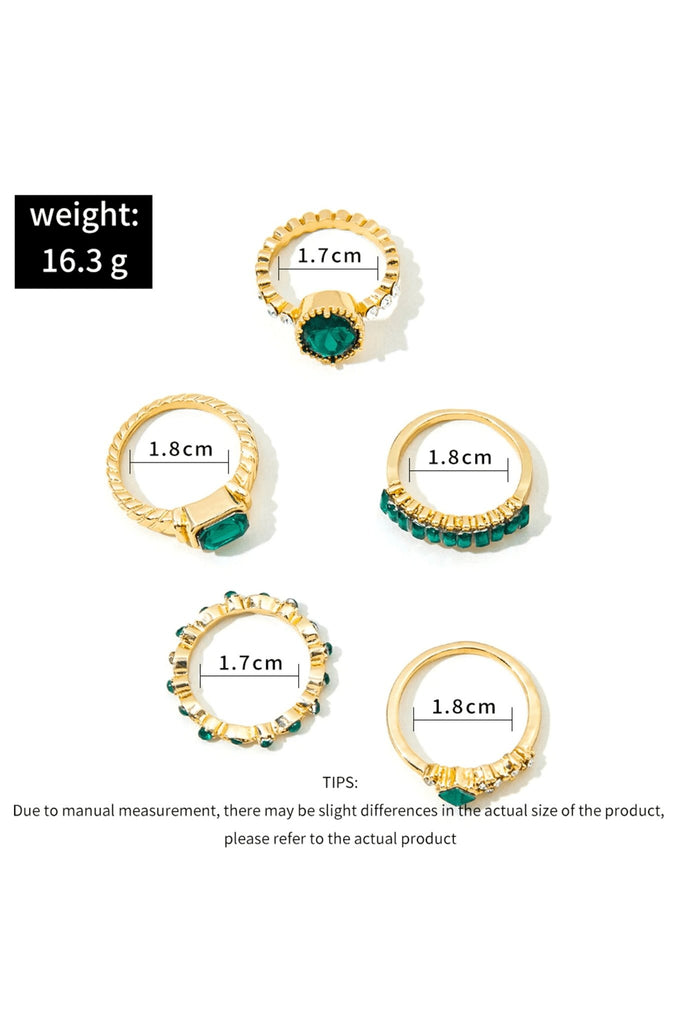 Emerald and Gold Vintage Aesthetic Rings (Set of 5) J0756HB - Cargo Clothing