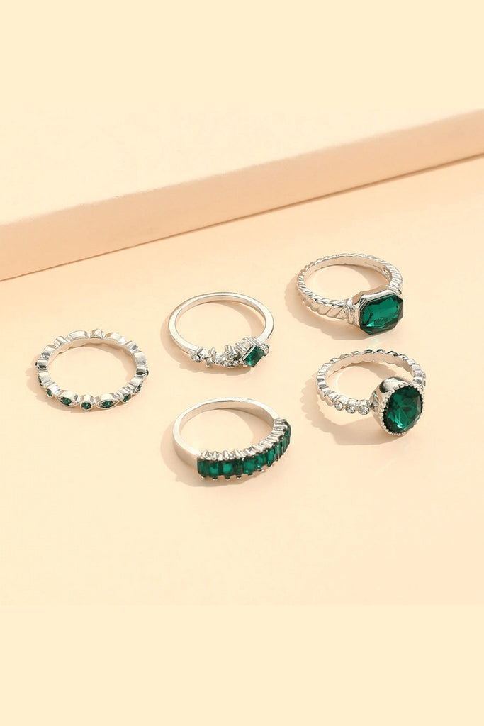 Emerald and Silver Vintage Aesthetic Ring Set (Set of 5) - Cargo Clothing
