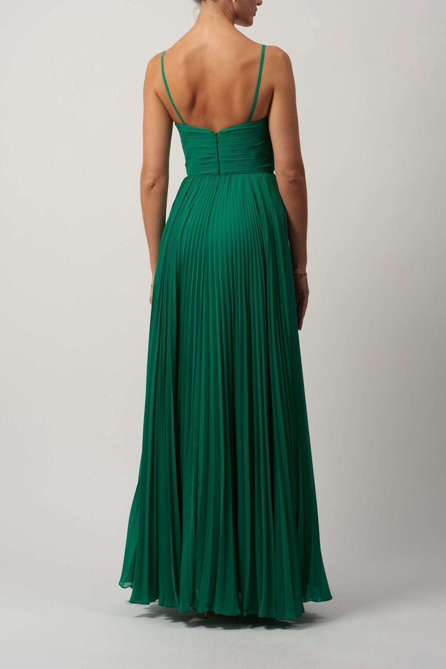Young female standing in a Emerald Chiffon Dress back image
