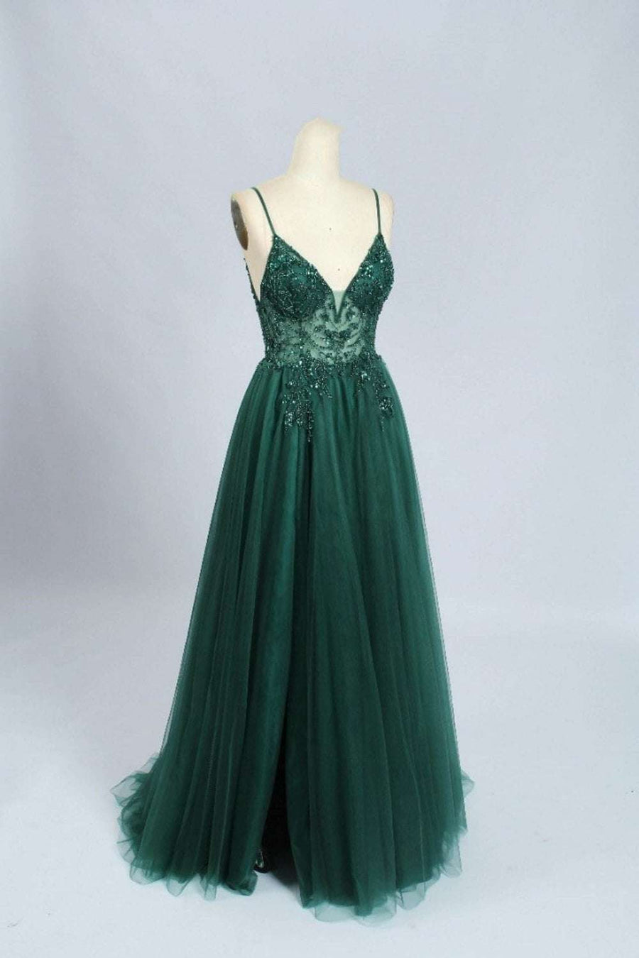 Forest Green 32564b V-Neck Beaded Prom Dress with Sexy Side Split - Cargo Clothing