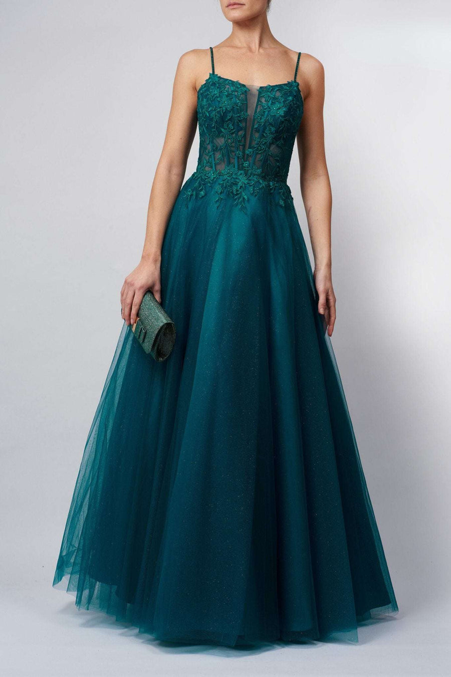 Model in a Forest Green ballgown