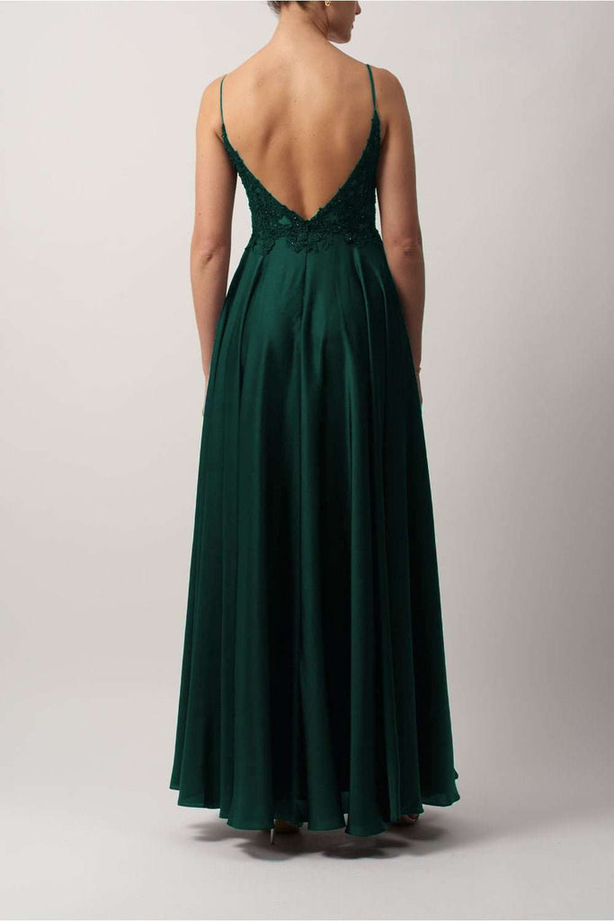 Forest Green MC12204 Embroidered Satin Dress - Cargo Clothing