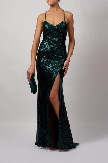 Forest Green MC186119 sequin strap low back dress - Cargo Clothing