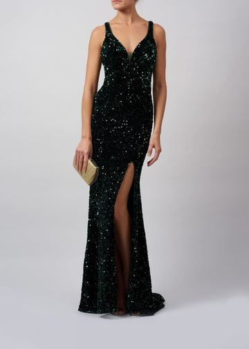 Forest Green MC18942 Fully Sequinned lace up back dress - Cargo Clothing