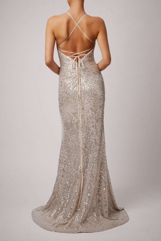 Gold MC186119 sequin strap low back dress - Cargo Clothing