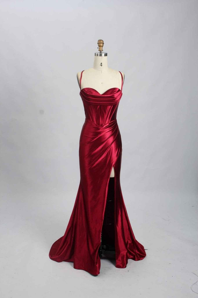 KELLIE Wine Corset Satin Prom Dress - Cargo Clothing