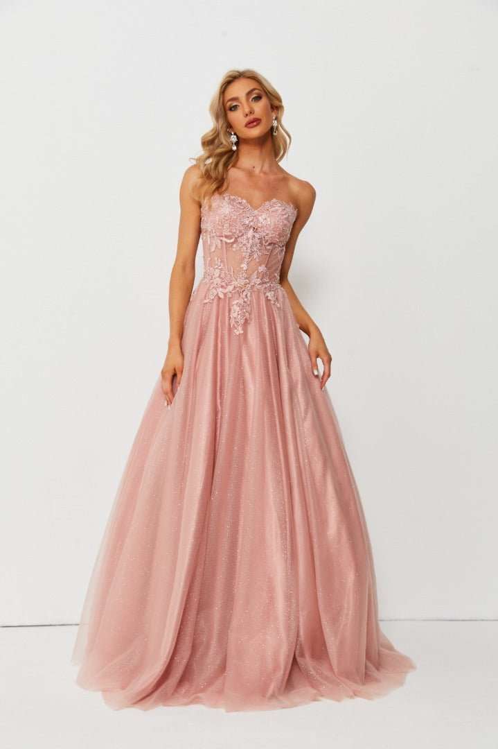 Front view of pink sweetheart corset ballgown with floral lace and glitter tulle, echoing Leah Corset Ballgown elegance for prom or evening wear.