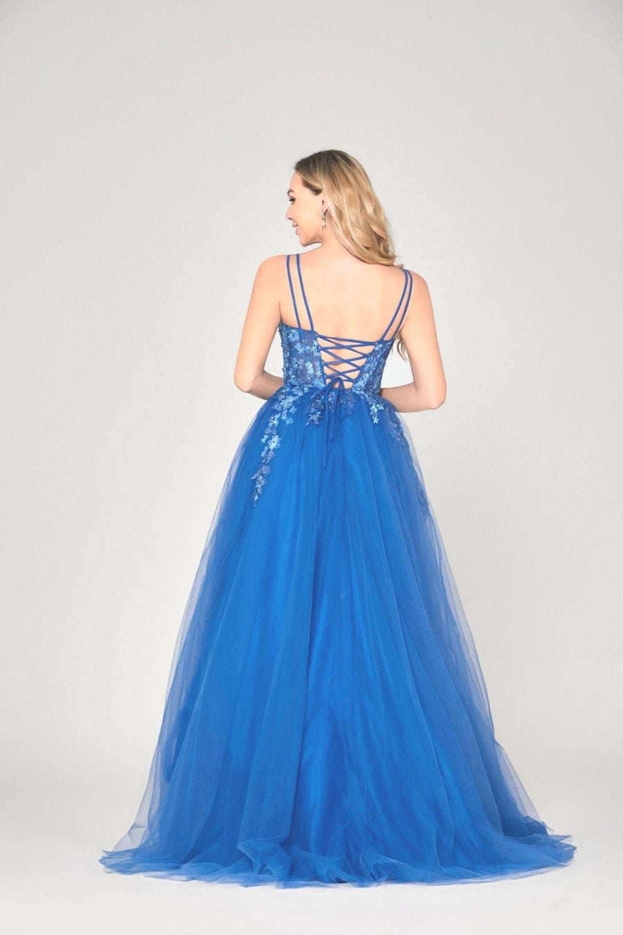 Back view of Royal Blue Floral Ballgown - Maisy by Jessica Stuart featuring a lace-up corset bodice and layered tulle skirt. Ideal for prom or red carpet.