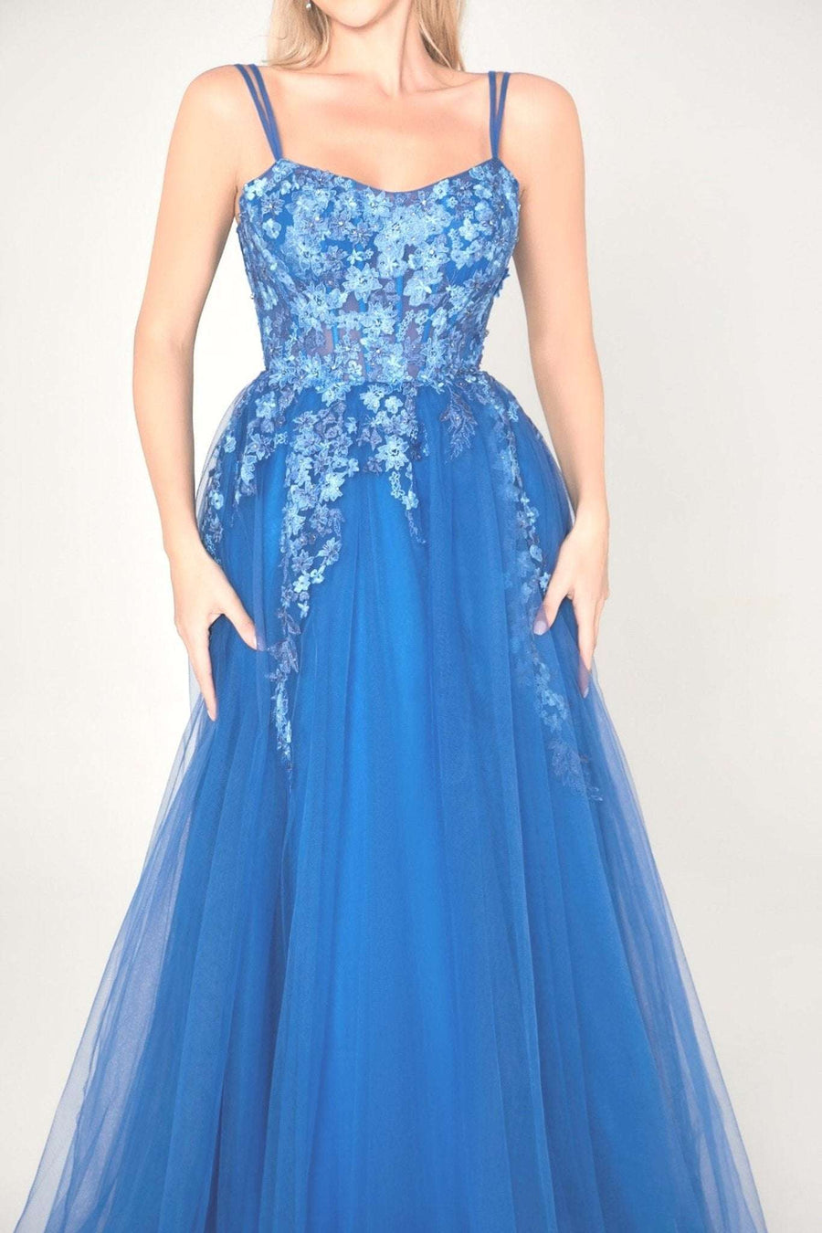 Royal Blue Floral Ballgown - Maisy by Jessica Stuart featuring an embellished corset bodice and layered tulle skirt, ideal for prom or red carpet events.