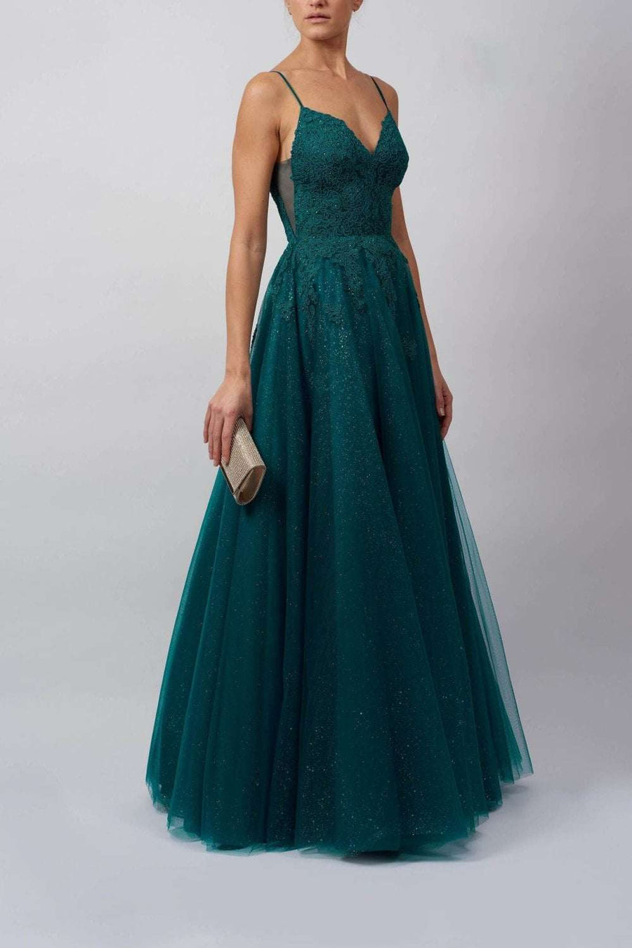 Mascara London Curve Collection MC511945 green tulle ballgown with glitter detail and full skirt, perfect for prom or evening events.