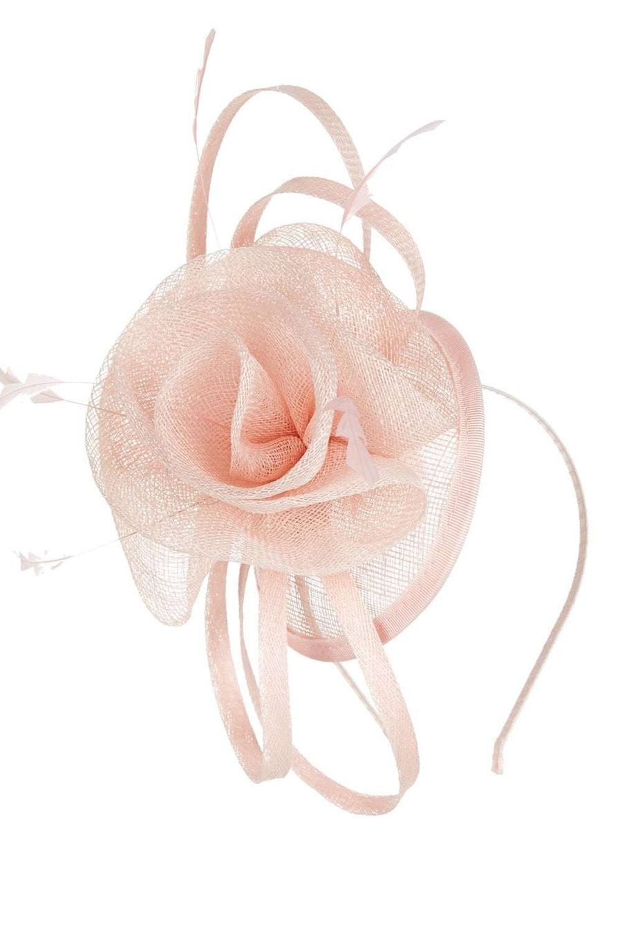 FT813 Rosette Fascinator in peach with mesh flower and feather accents, perfect hair accessory for weddings and special events.