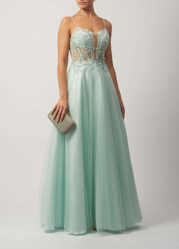 Mint green MC119511 Tulle Glitter Ballgown by Mascara featuring floral applique bodice, sheer paneling, and flowing glitter tulle skirt.
