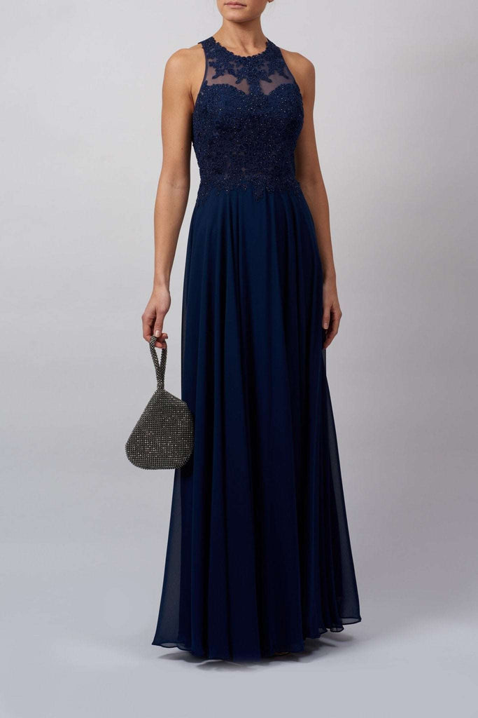 Navy MC181437 lace embellished open back dress - Cargo Clothing
