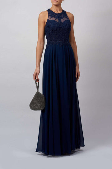 Navy MC181437 lace embellished open back dress - Cargo Clothing