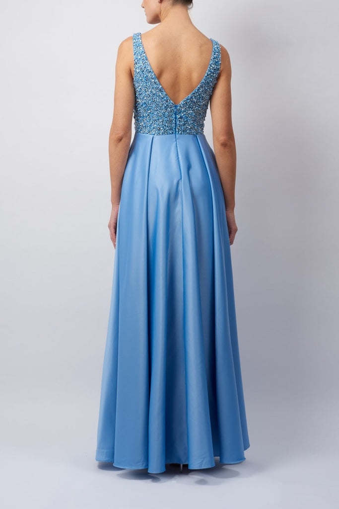 Young female standing in a Beaded Satin Dress back image