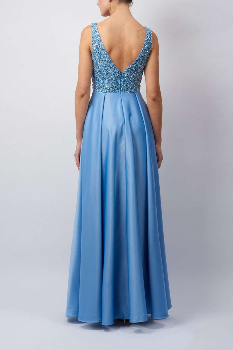 Young female standing in a Beaded Satin Dress back image