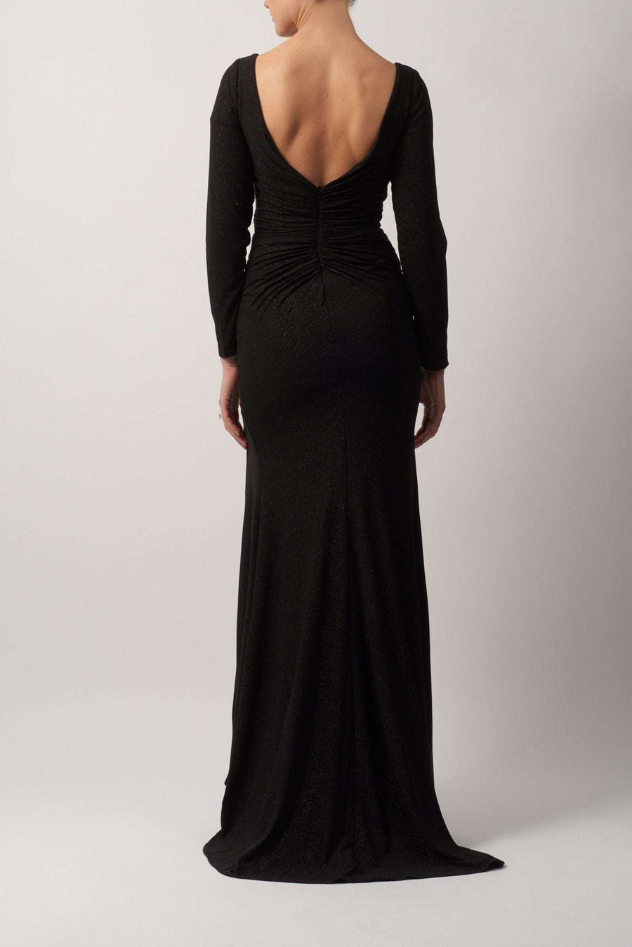 Back image of a lady standing in a Red MC121054 Glitter long sleeve dress