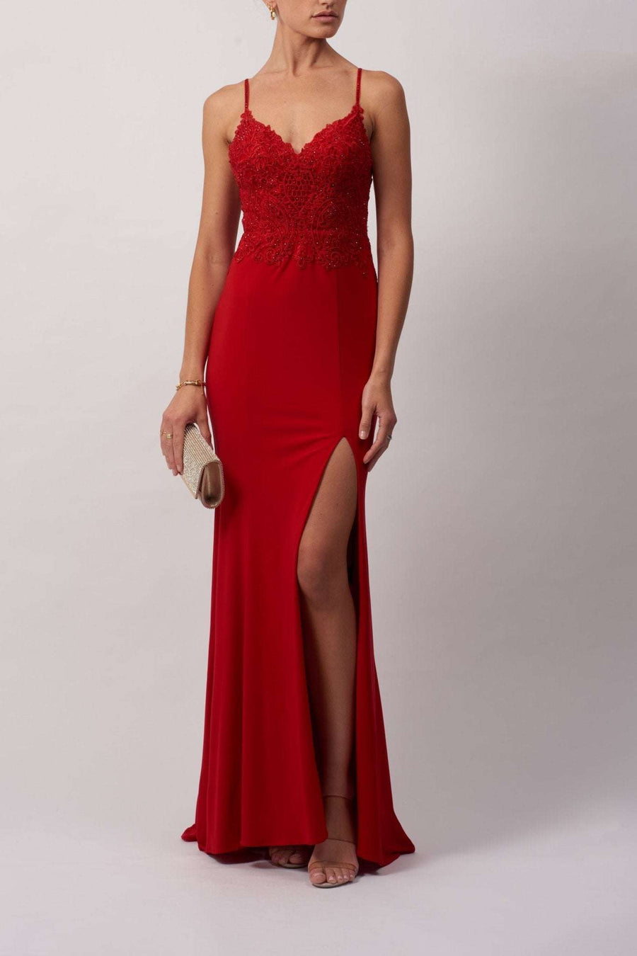 Red MC181460 beaded bodice strap dress - Cargo Clothing