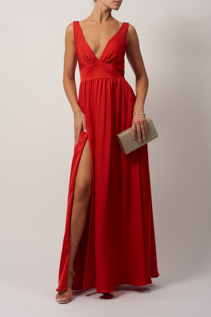 Red MC191020 Satin Band Ball Gown - Cargo Clothing