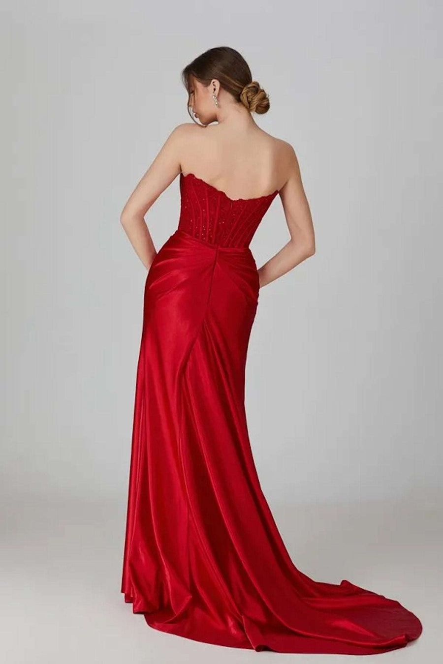  Young female standing in a Satin Corset Mermaid Dress back image