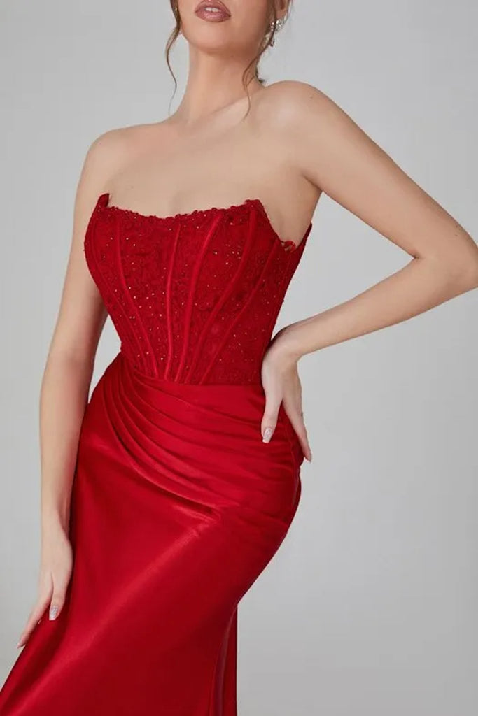  Young female standing in a Satin Corset Mermaid Dress close up