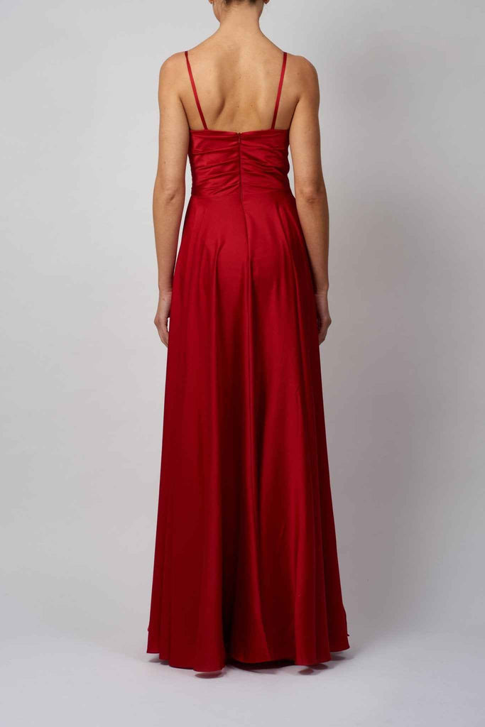 Young female standing in a Satin Prom Dress back image