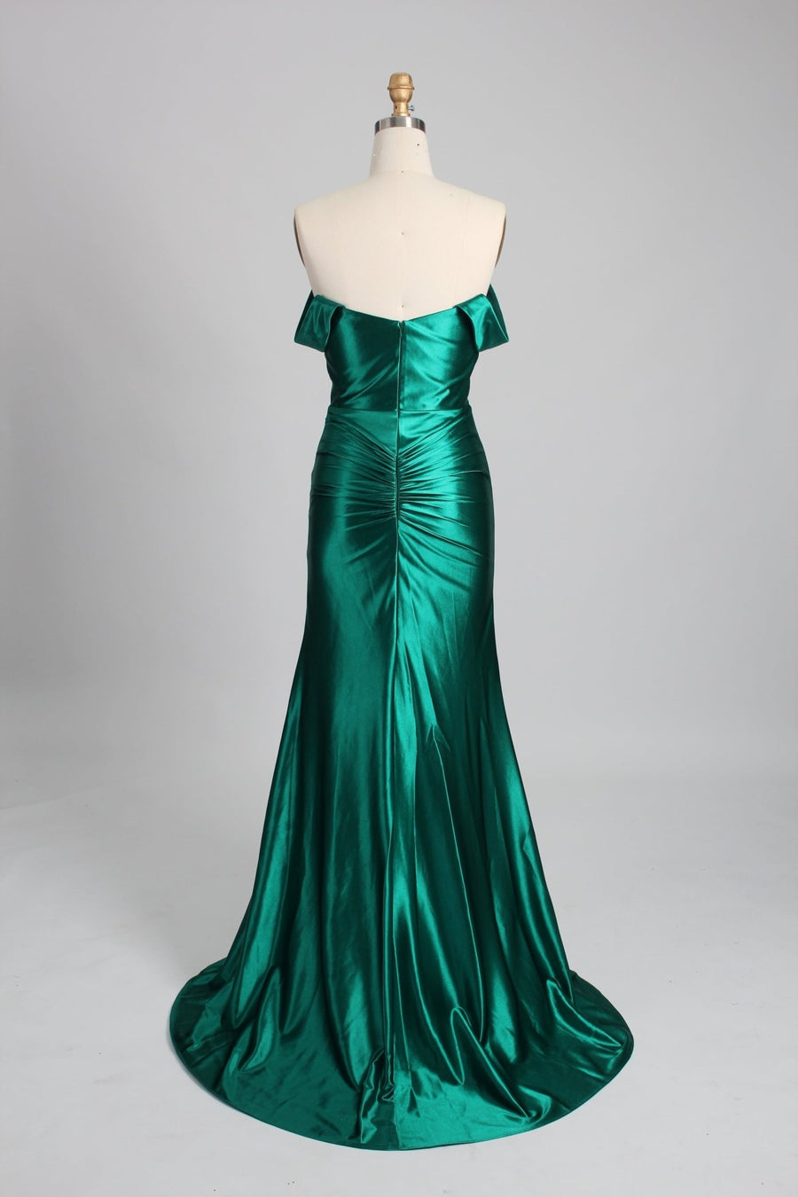 back view of satin off shoulder green dress
