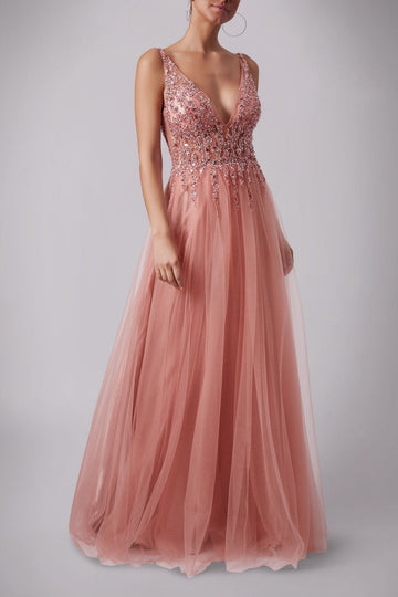  Young lady standing in a Soft Rose Tulle net dress