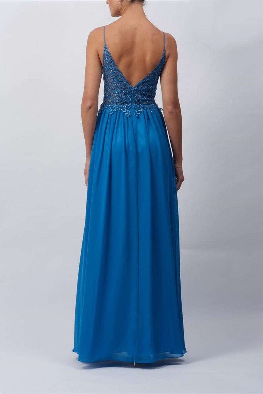 Young female standing in a Steele Blue Embroidered Plunge Dress back image