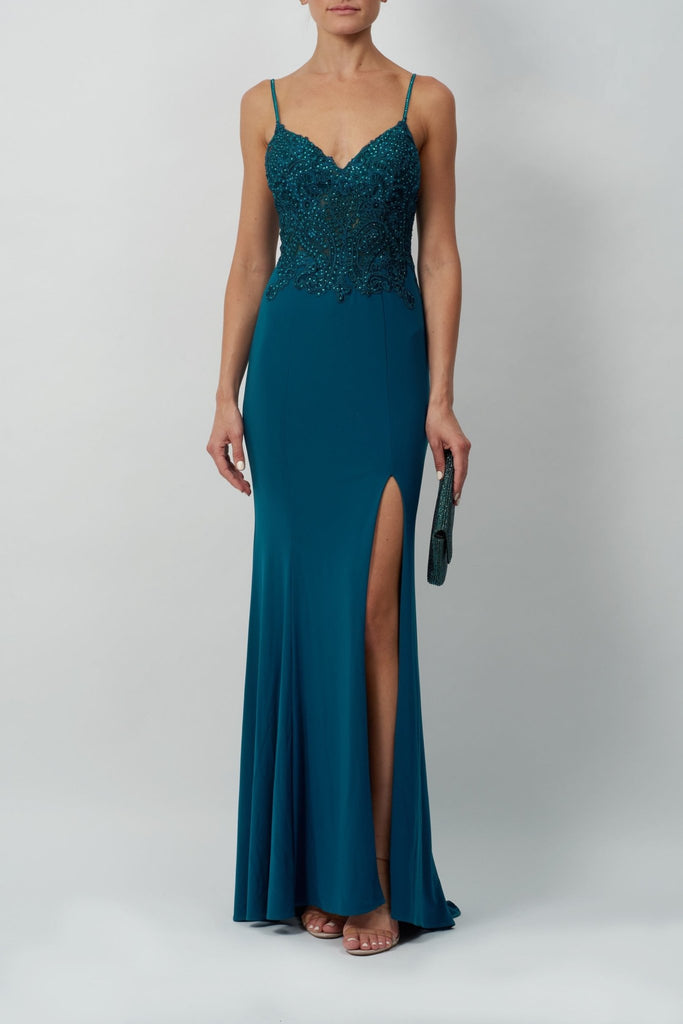 Teal MC181460 beaded bodice strap dress - Cargo Clothing