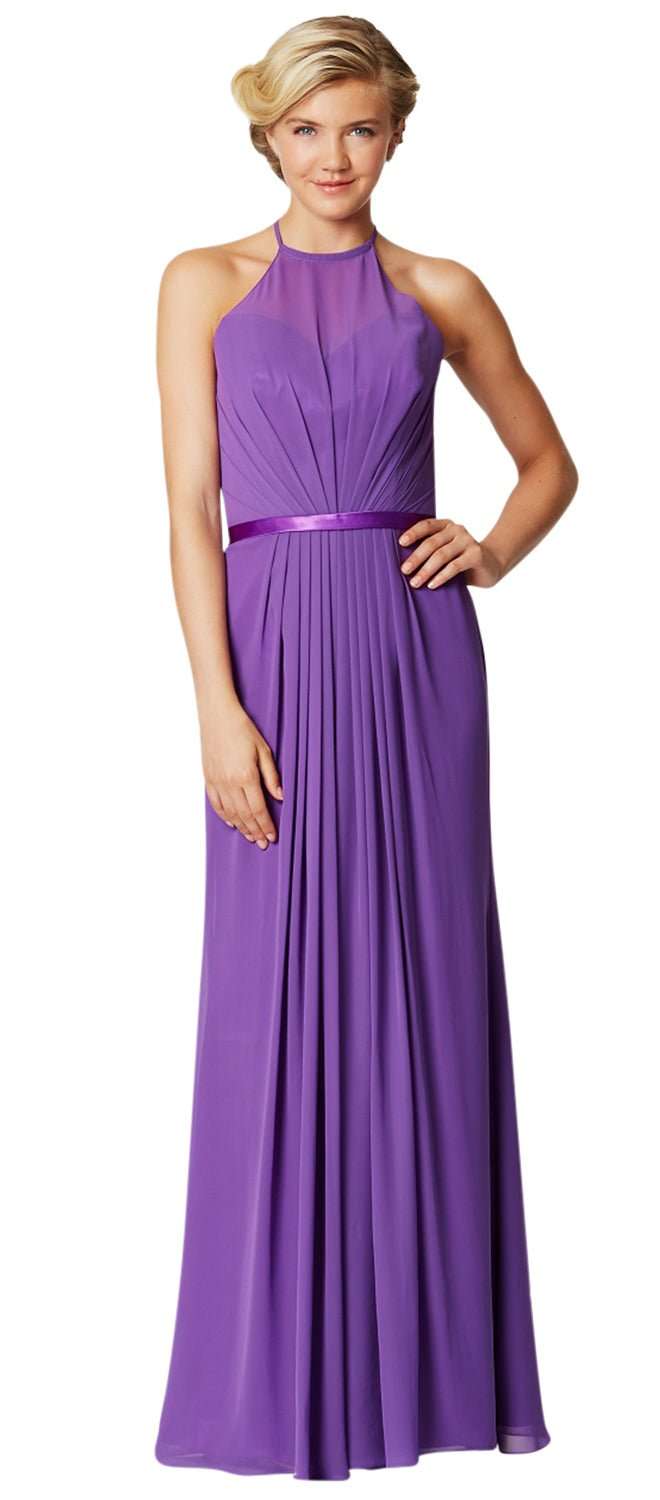 blonde girl in halterneck chiffon bridesmaid dress