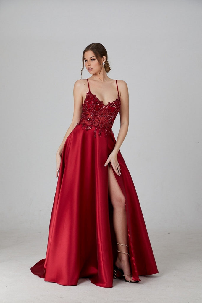 Wine KATE Embellished Top Full Skirt Dress - Cargo Clothing
