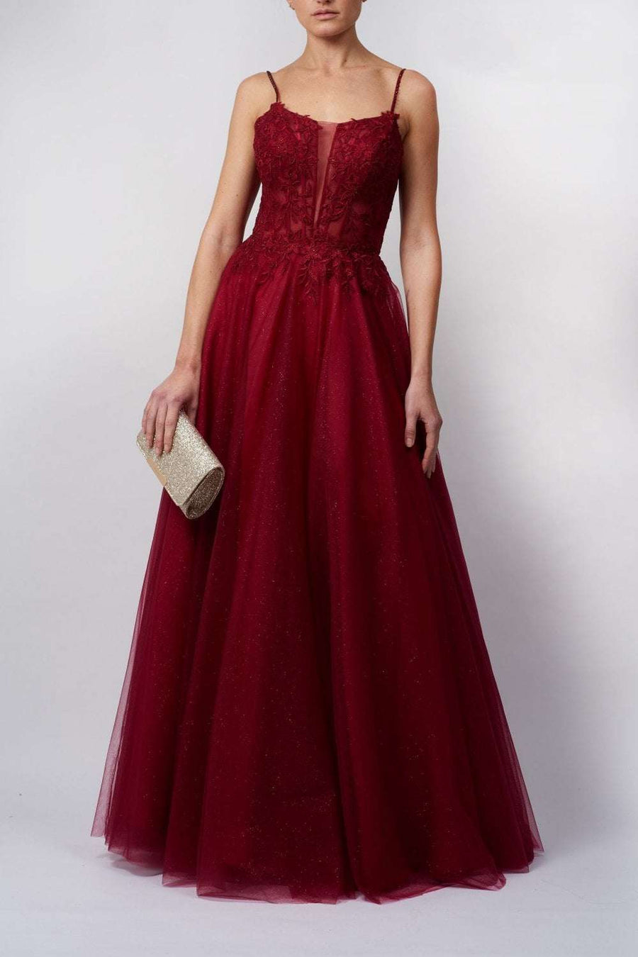 girl in wine glitter prom dress