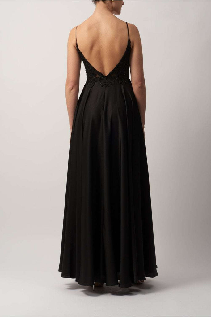 Back view of WINE Satin Dress MC12204 featuring embroidered lace bodice, low V-back, and flowing satin skirt with thin straps for evening wear.