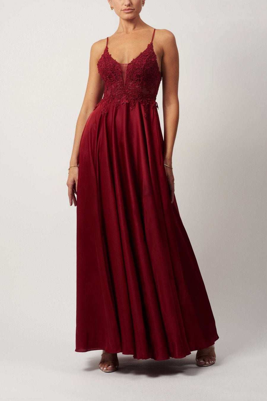 WINE Satin Dress MC12204 with embroidered lace bodice, thin straps, V-neckline, and flowing skirt—ideal for prom or evening occasions.