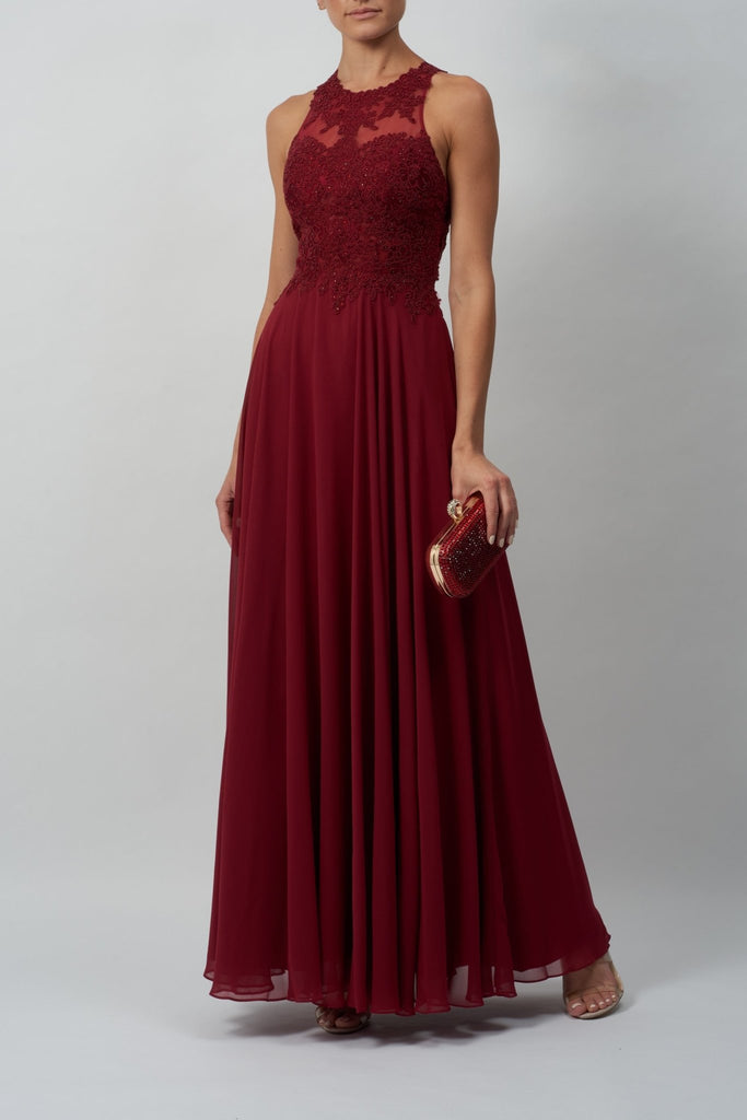 Wine MC181437 lace embellished open back dress - Cargo Clothing