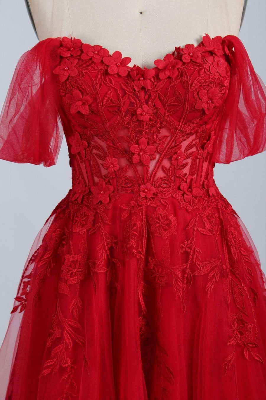 YLONA Prom Dress in red with a lace sweetheart corset top, 3D floral appliqués, and sheer tulle off-shoulder straps for an elegant prom look.